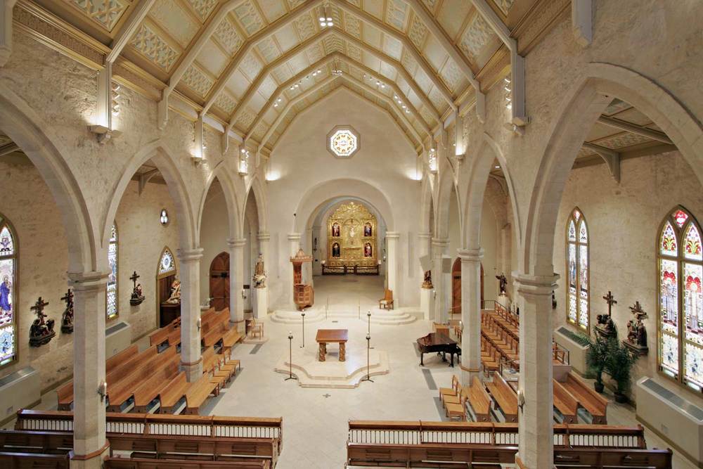 A view of the altar and seating area at San Fernando Cathedral Post-Restoration