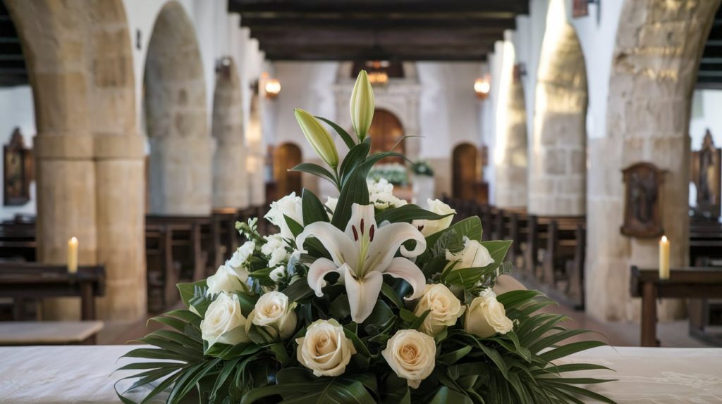 Professional photography of traditional Mexican Catholic funeral flowers, white lilies and roses arrangement in historic mission church setting