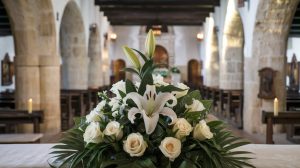 Professional photography of traditional Mexican Catholic funeral flowers, white lilies and roses arrangement in historic mission church setting