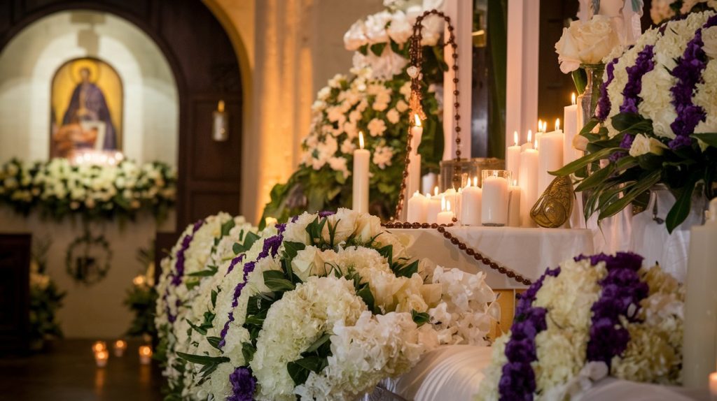 A modern Mexican Catholic funeral flower display in a Catholic chapel in San Antonio, TX - white and purple flowers arranged in a more modern style along with mourning candles.  In the back is a historic art piece of a pastor with a funeral flower band on a ledge below the artwork