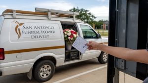 Our San Antonio Funeral Flower Delivery vehicle passes a checkpoint at San Antonio Joint Base. In view is the funeral flower arrangement we are delivering.