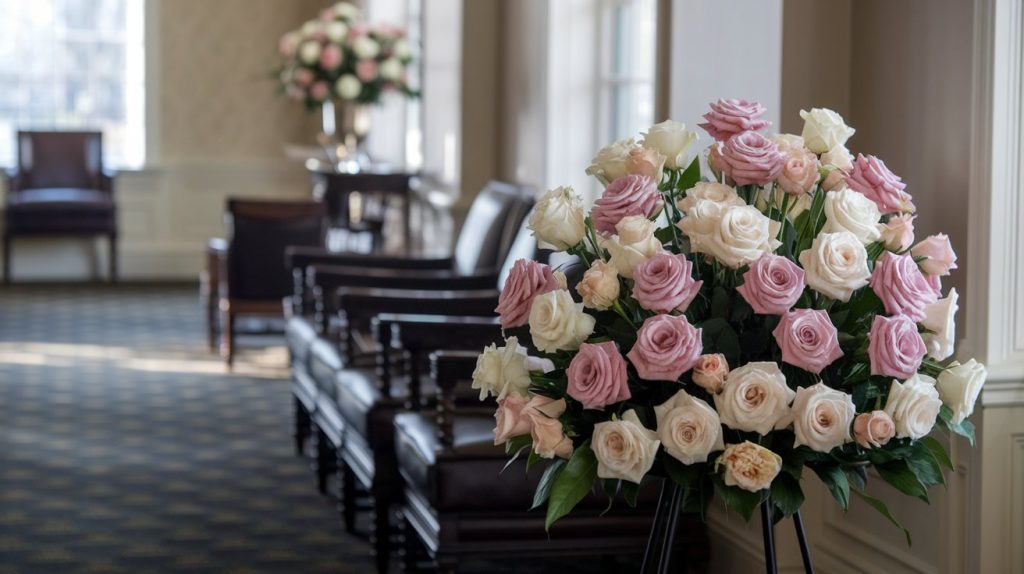 A beautiful pair of pink and white sympathy flower arrangements sit on tables in the waiting area at a Porter Loring Mortuary in San Antonio, TX