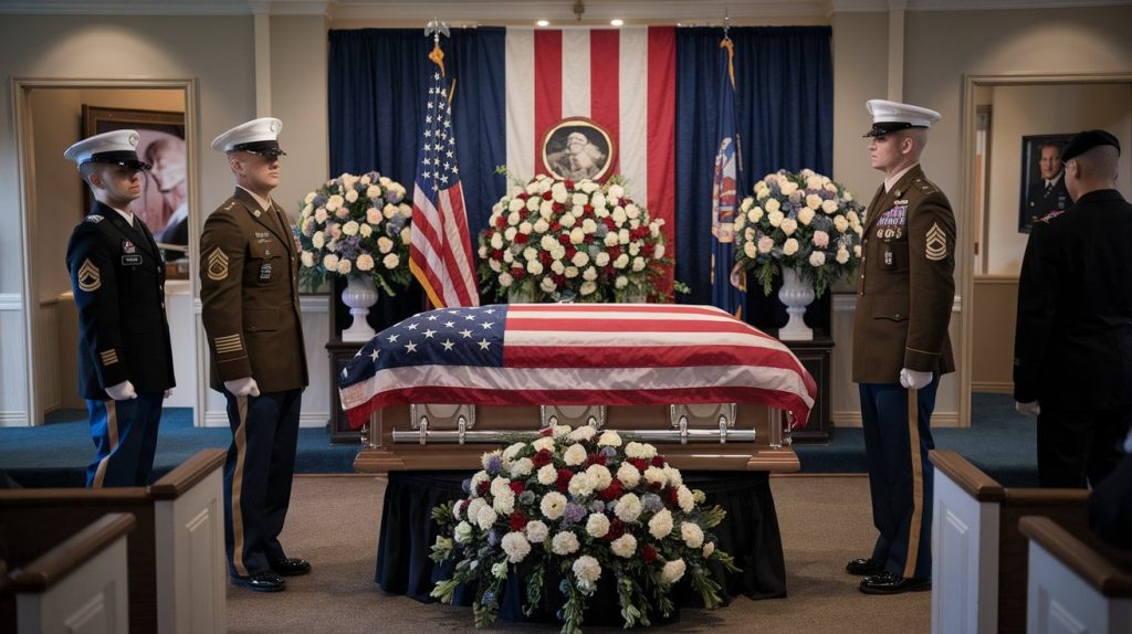 A military funeral service is to commence at Porter Luring Mortuary with 4 military personnel in attendance.  Large rose funeral flowers are seen in the background along with a casket spray sitting in front of the casket.