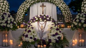 Professional photography of traditional Mexican Catholic wake setting, white and purple funeral flowers, rosary display, candlelight, evening atmosphere, cultural funeral customs